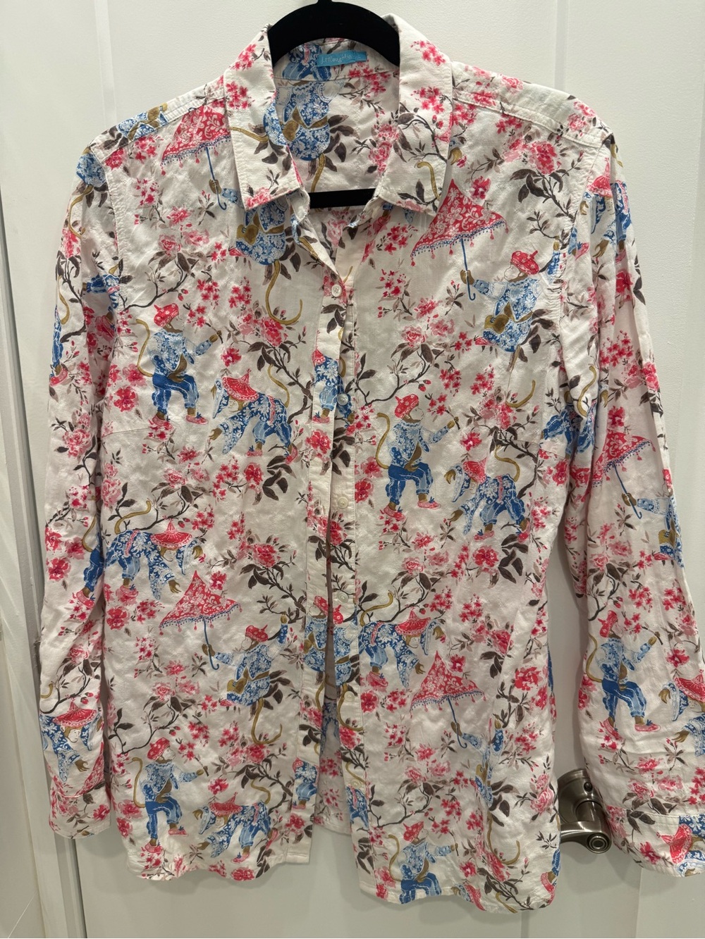 J. McLaughlin White Button-Down with Blue and Pink Novelty Print large